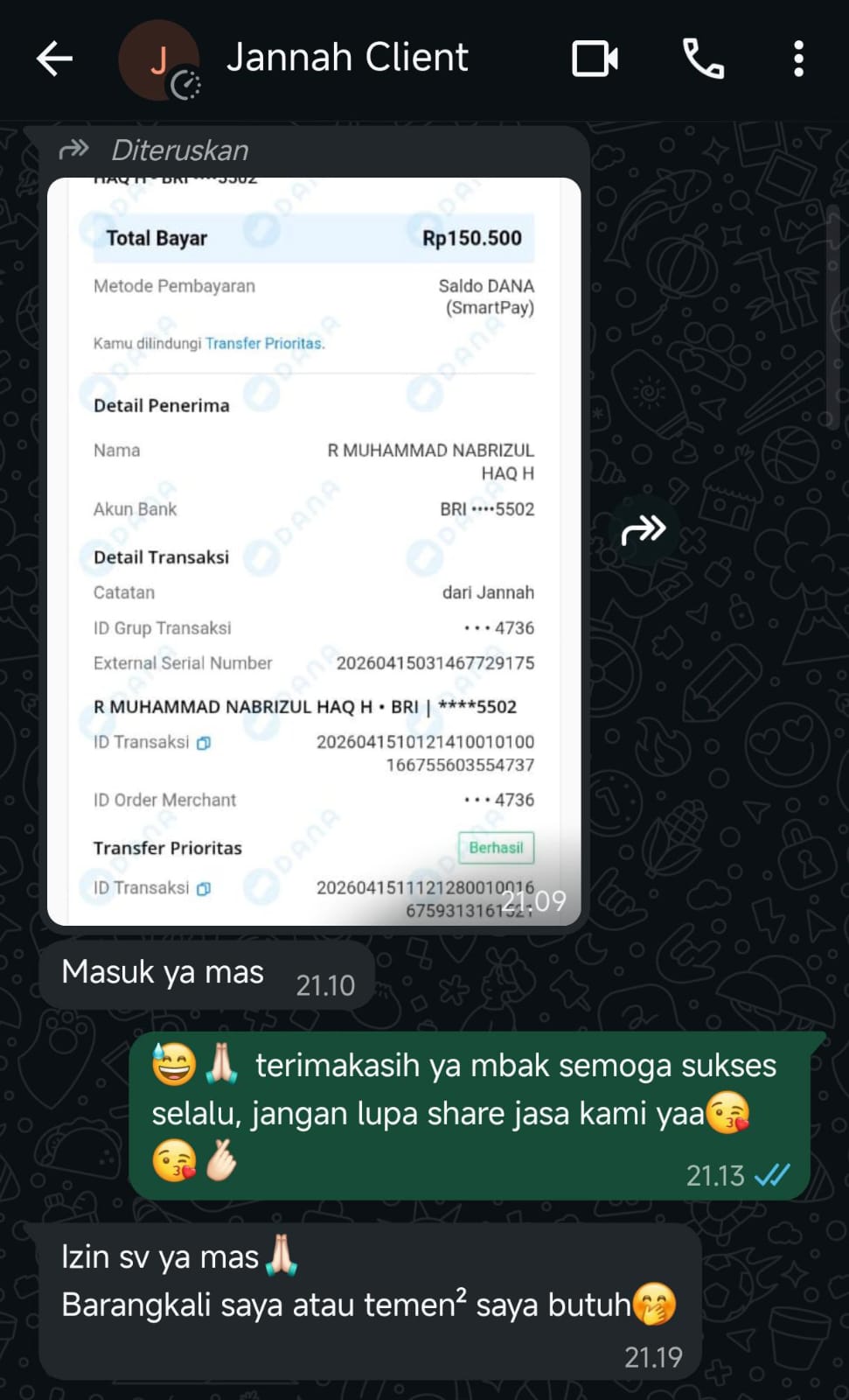 Screenshot Bukti Transaksi Jannah Client